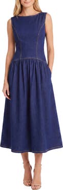 Maggy London Drop Waist Cotton Blend Denim Midi Dress