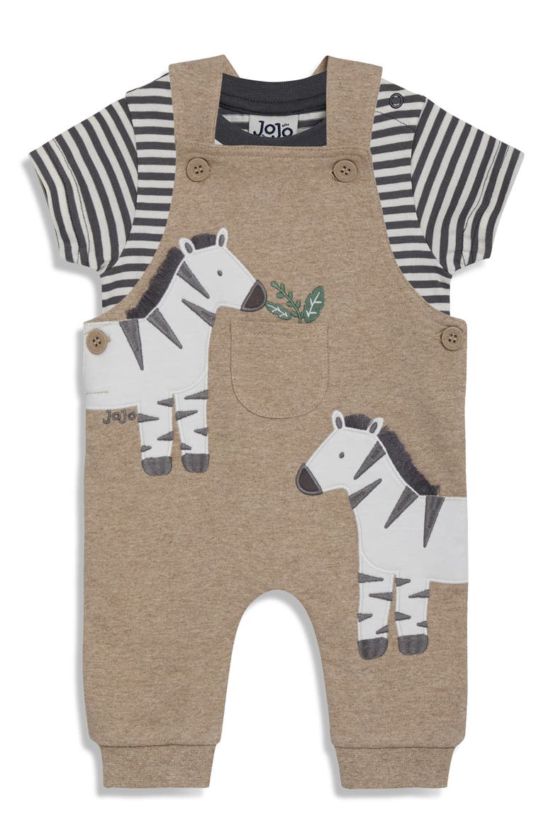 Zebra Appliqué Overalls & Stripe T-Shirt Set, Main, color, FAWN