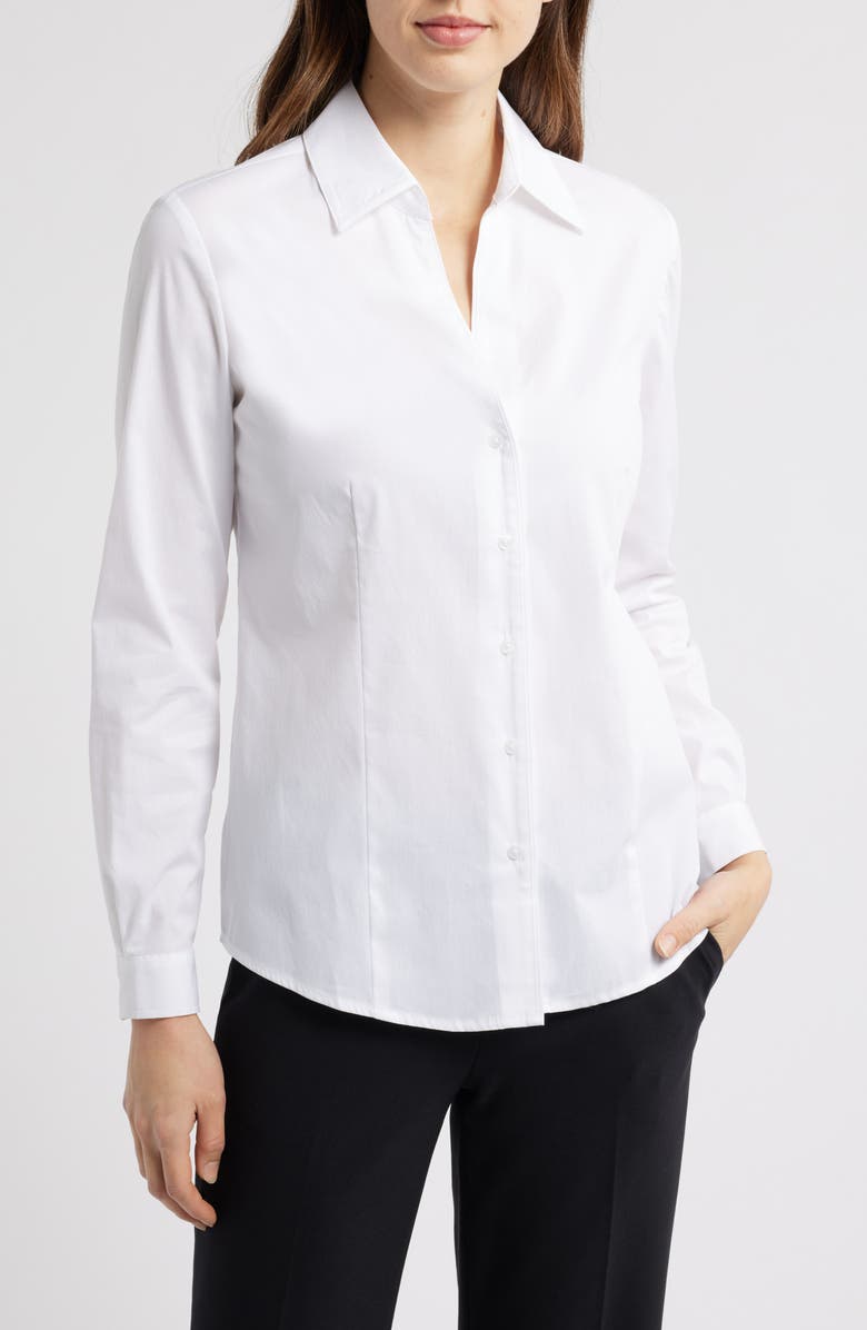 Anne Klein Cotton Blend Poplin Button-Up Shirt, Main, color, Bright White