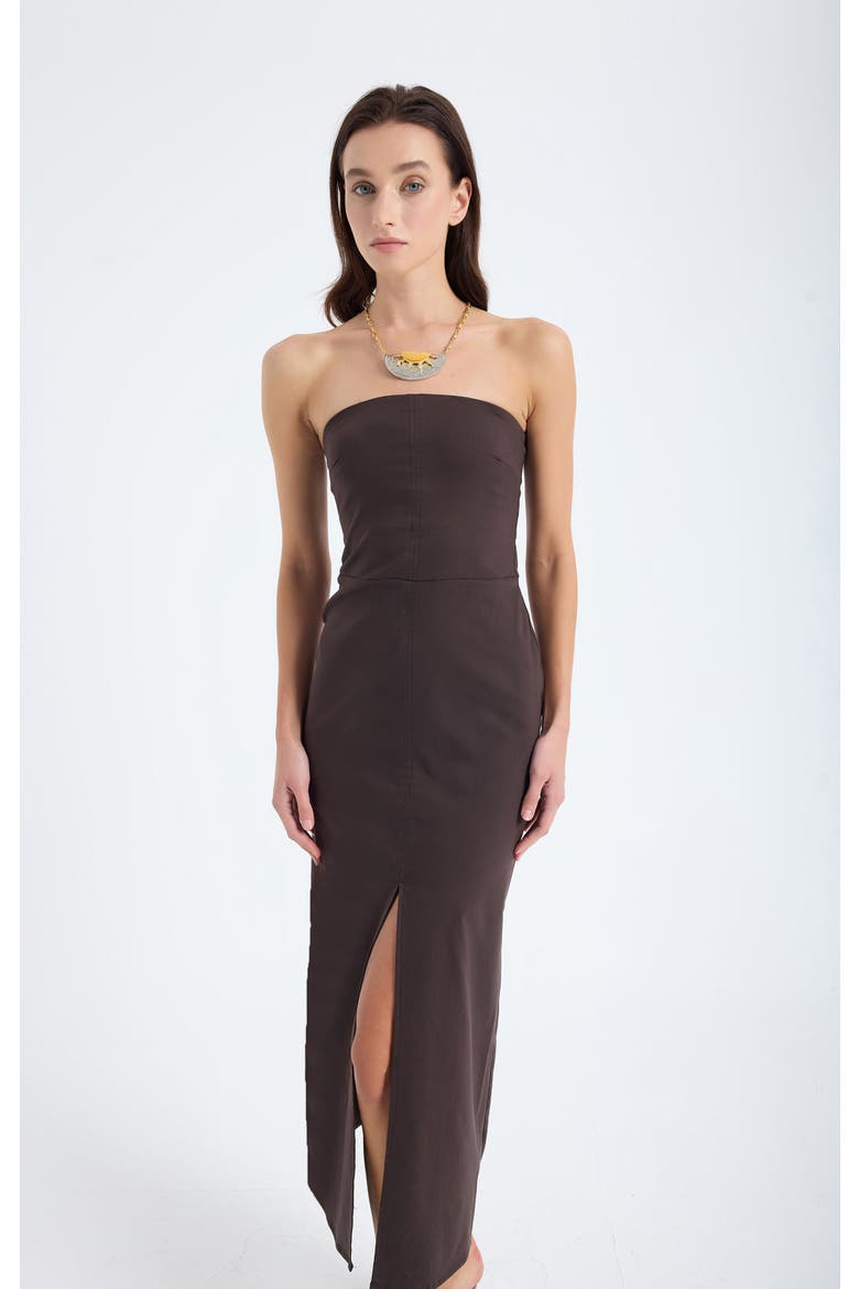 Akasha Strapless Cotton Blend Midi Dress with Front Slit, Alternate, color, Brown