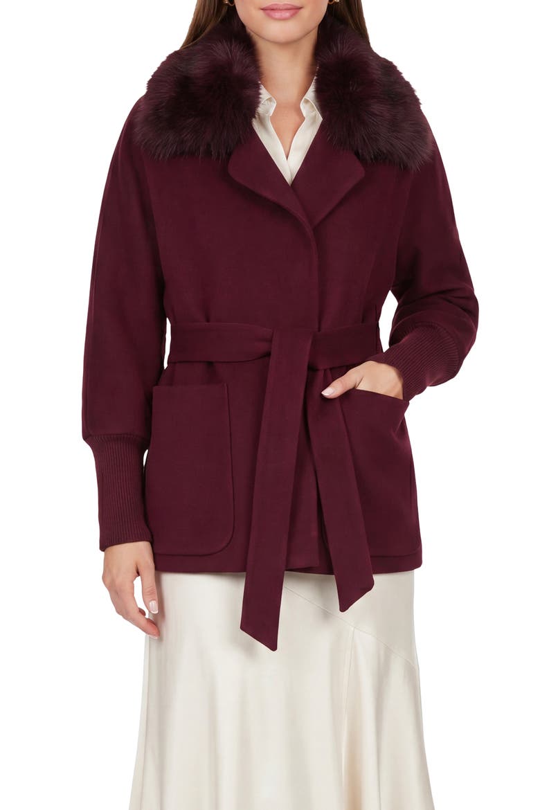 Fabric Jacket with Detachable Genuine Shearling  Collar, Belt, Alternate, color, BURGUNDY