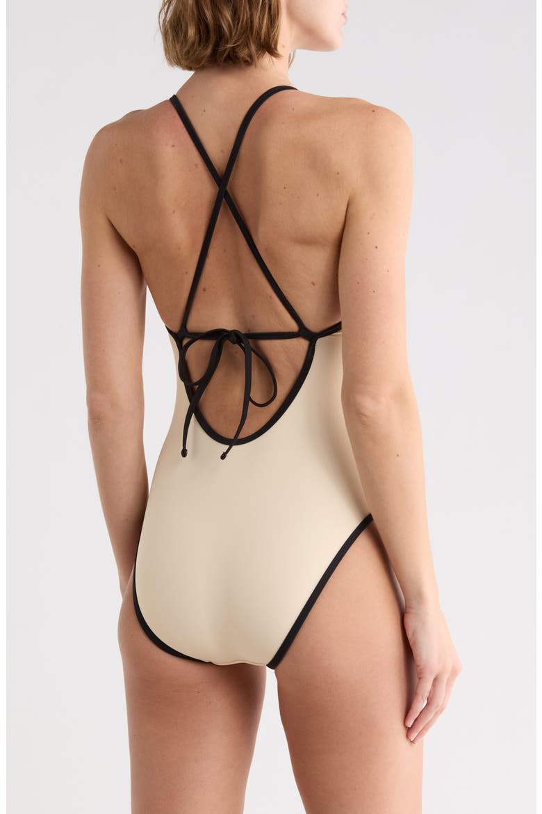 Contrast V-Neck One-Piece Swimsuit, Alternate, color, ECRU/ BLACK