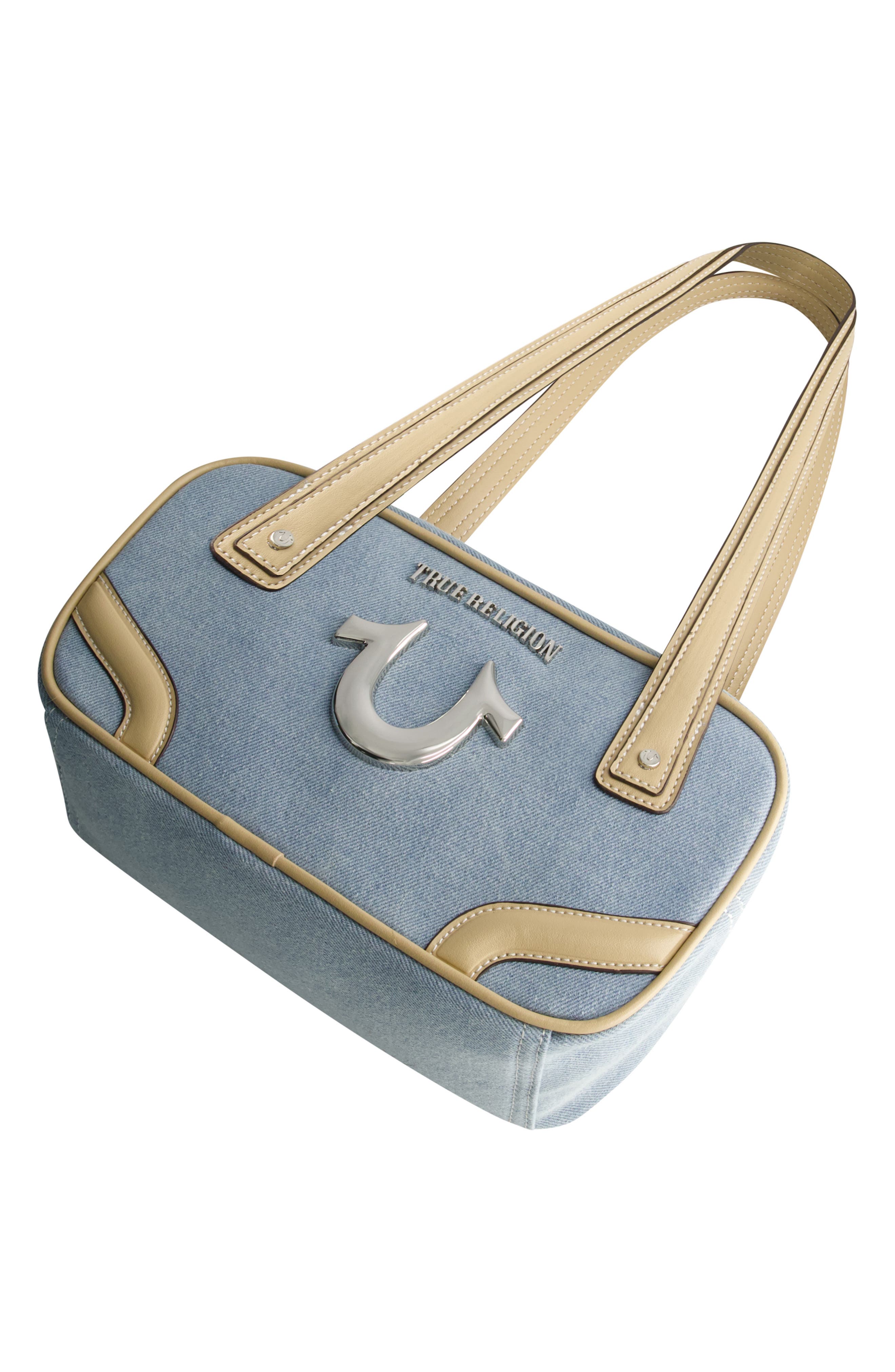 True Religion Logo Bowling Satchel Bag, Alternate, color, Denim