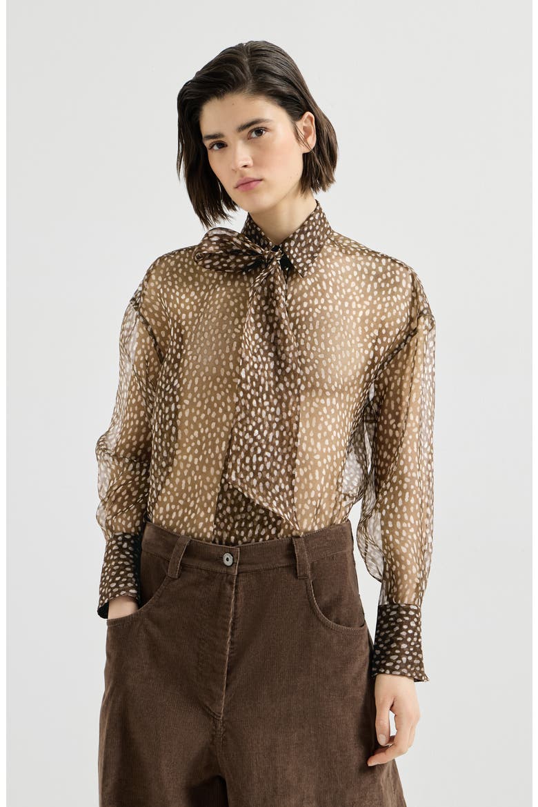 Dapple silk organza shirt with neck tie, Main, color, Chocolate