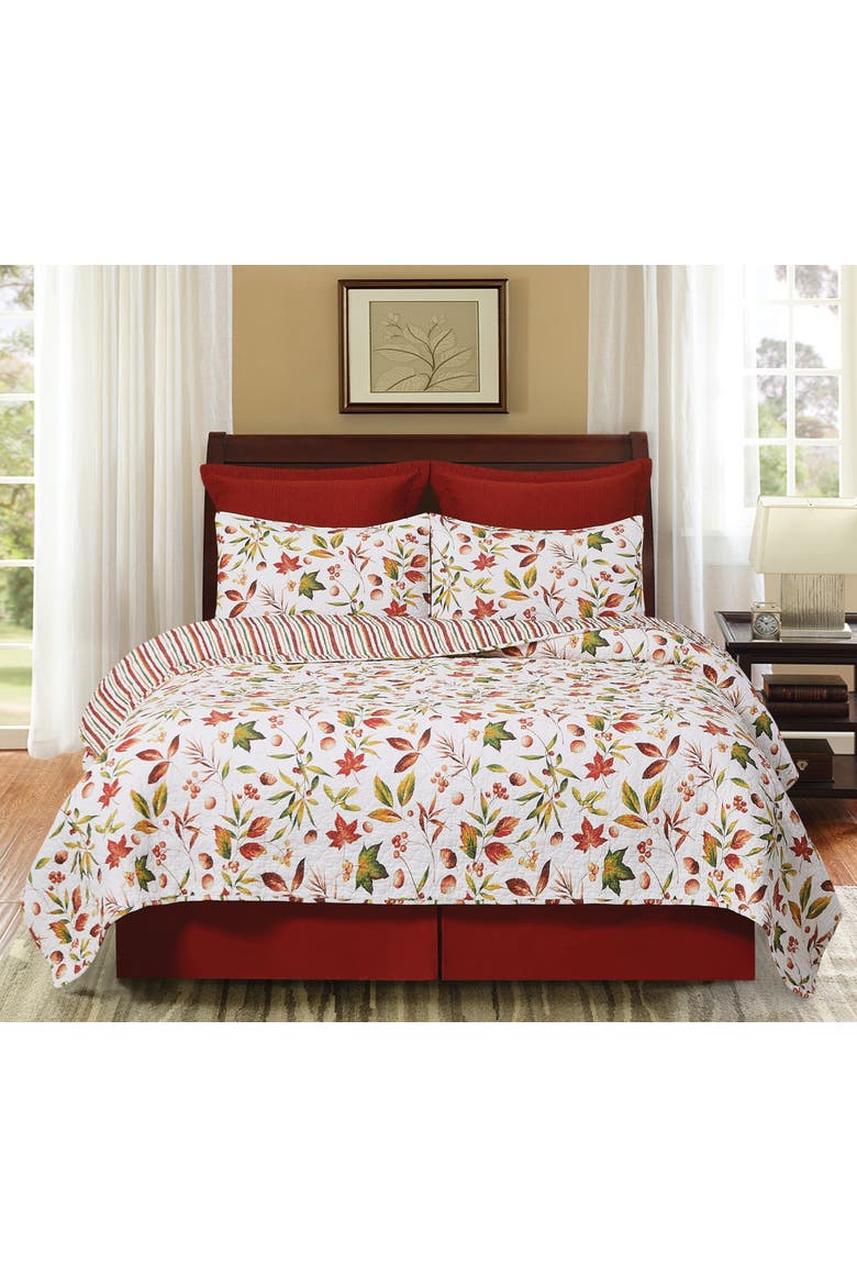 Camilla Fall Leaves Cotton Quilt Set  - Reversible and Machine Washable, Alternate, color, Red