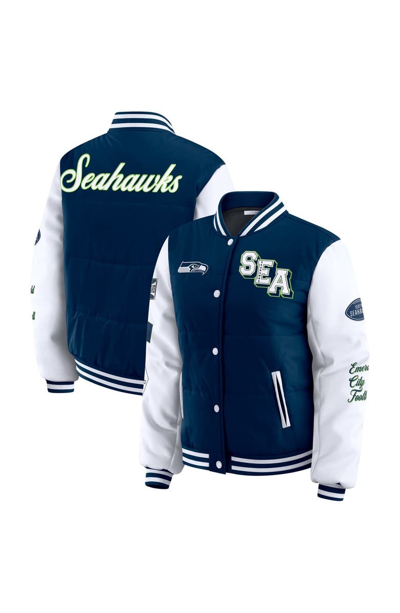 WEAR by Erin Andrews Women's WEAR by Erin Andrews College Navy Seattle Seahawks Varsity Full-Snap Puffer Jacket, Main, color, College Navy