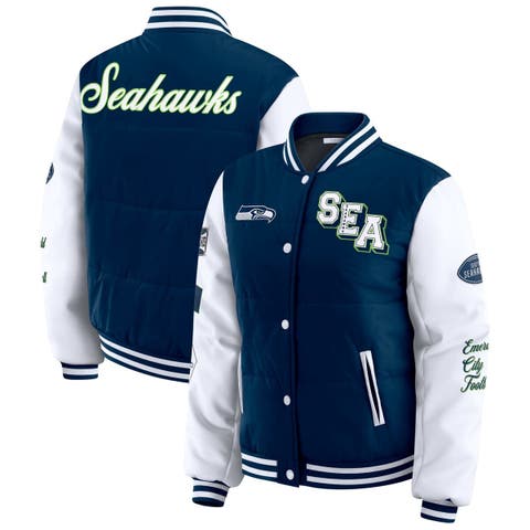 Women's WEAR by Erin Andrews College Navy Seattle Seahawks Varsity Full-Snap Puffer Jacket