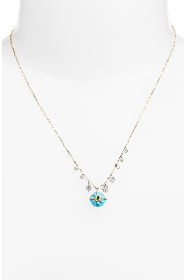 Turquoise, Diamond & Emerald Burst Pendant Necklace, Alternate, color, GOLD
