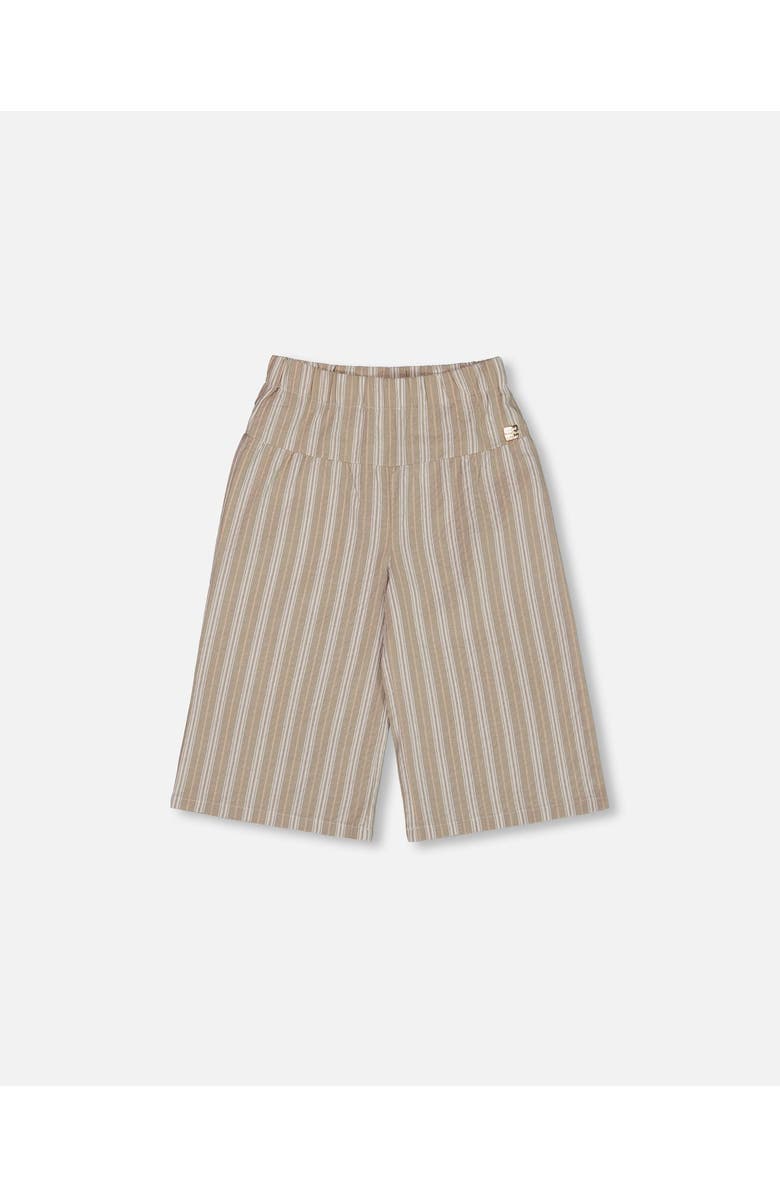 Deux par Deux Little Girl's Wide Leg Capri Linen Pant White And Sage Striped, Main, color, 