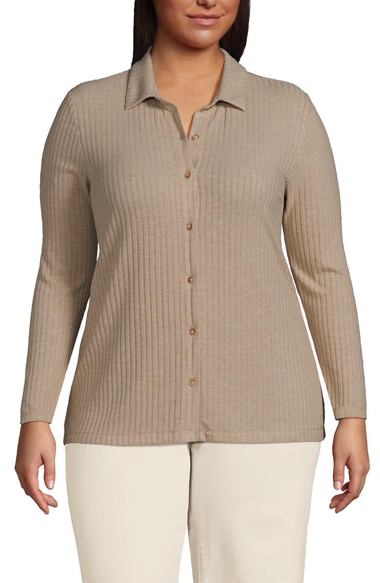 Lands' End Long Sleeve Wide Rib Button Front Polo, Alternate, color, Soft Tan Heather