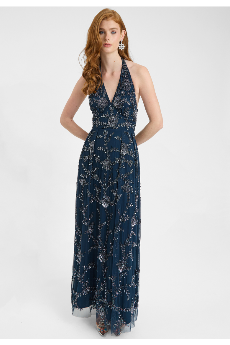 Embellished Sequin Beaded Maxi Dress With Halter Neck With Deep V-Cut, Alternate, color, NAVY