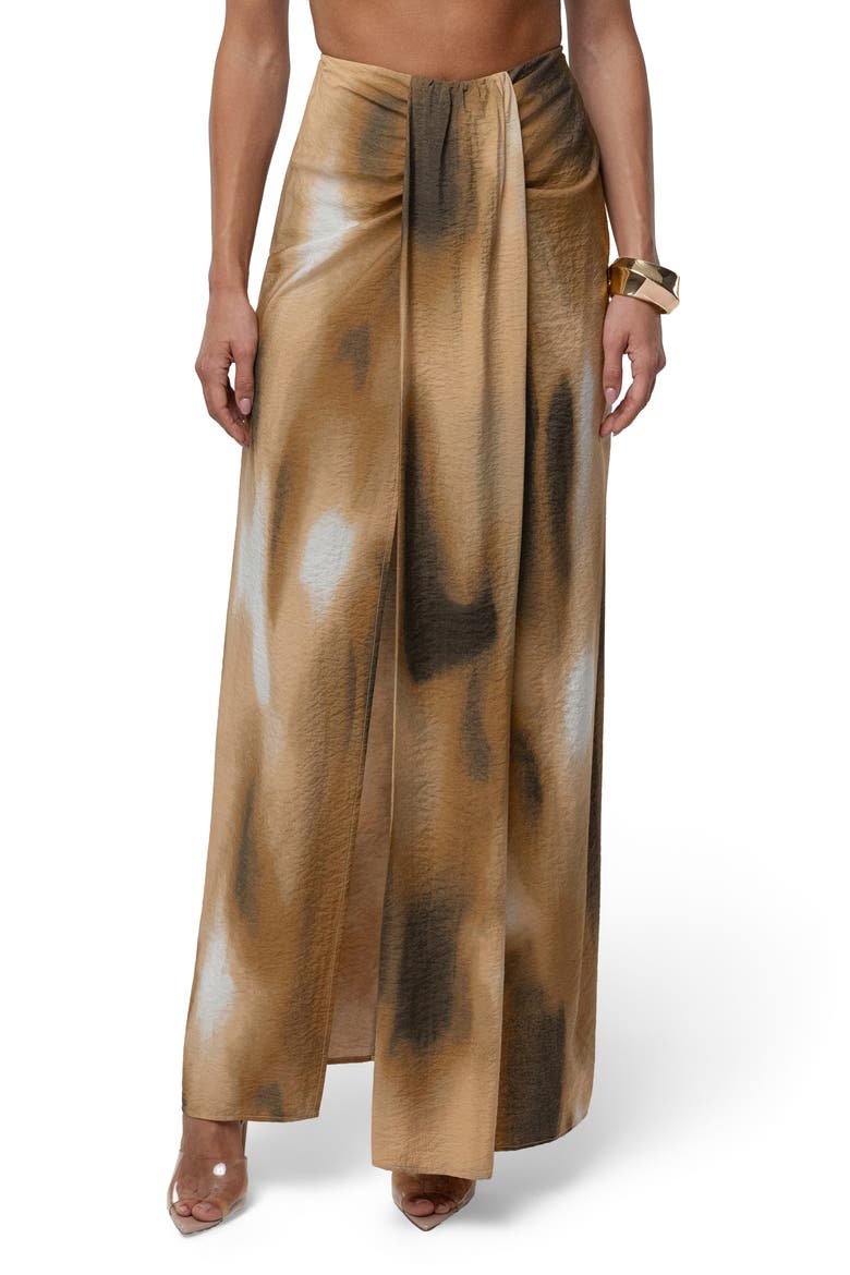 Abstract Print Drape Front Maxi Skirt, Main, color, BROWN