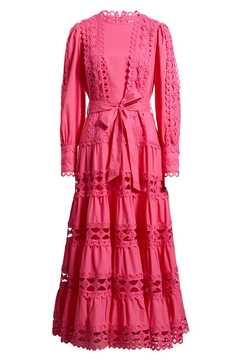 Lace Trim Long Sleeve Cotton Maxi Dress, Alternate, color, HOT PINK