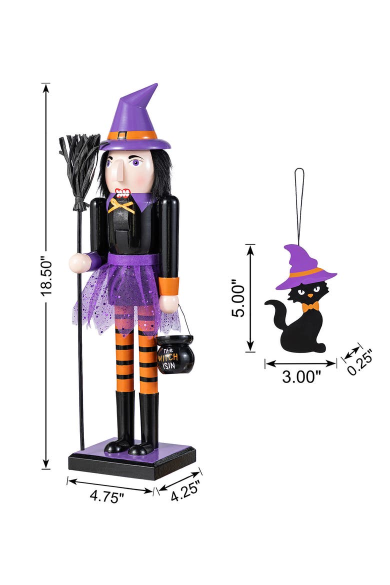 Halloween Wooden Witch Nutcracker with Witch Cat Ornament, Alternate, color, Purple