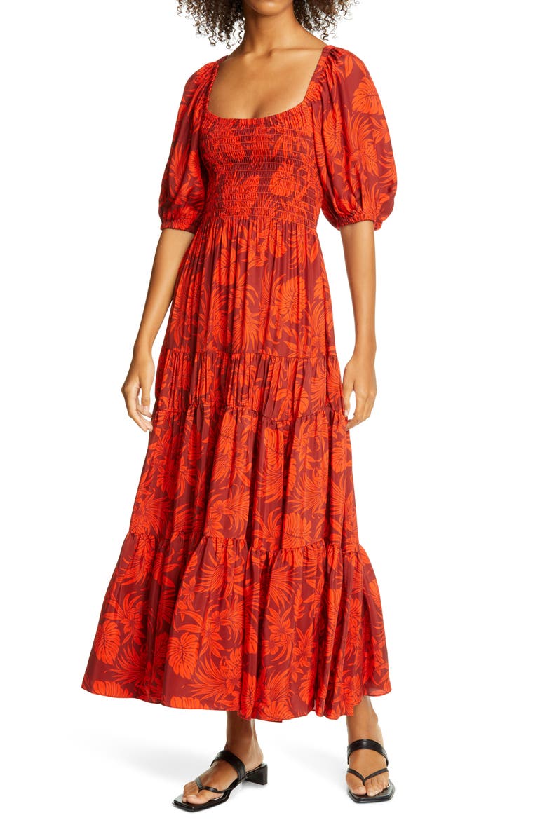 Smocked Bodice Silk Maxi Dress, Main, color, RAISIN/ POPPY PALM
