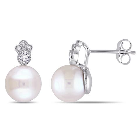 Pearl, White Sapphire & Diamond Stud Earrings 10k