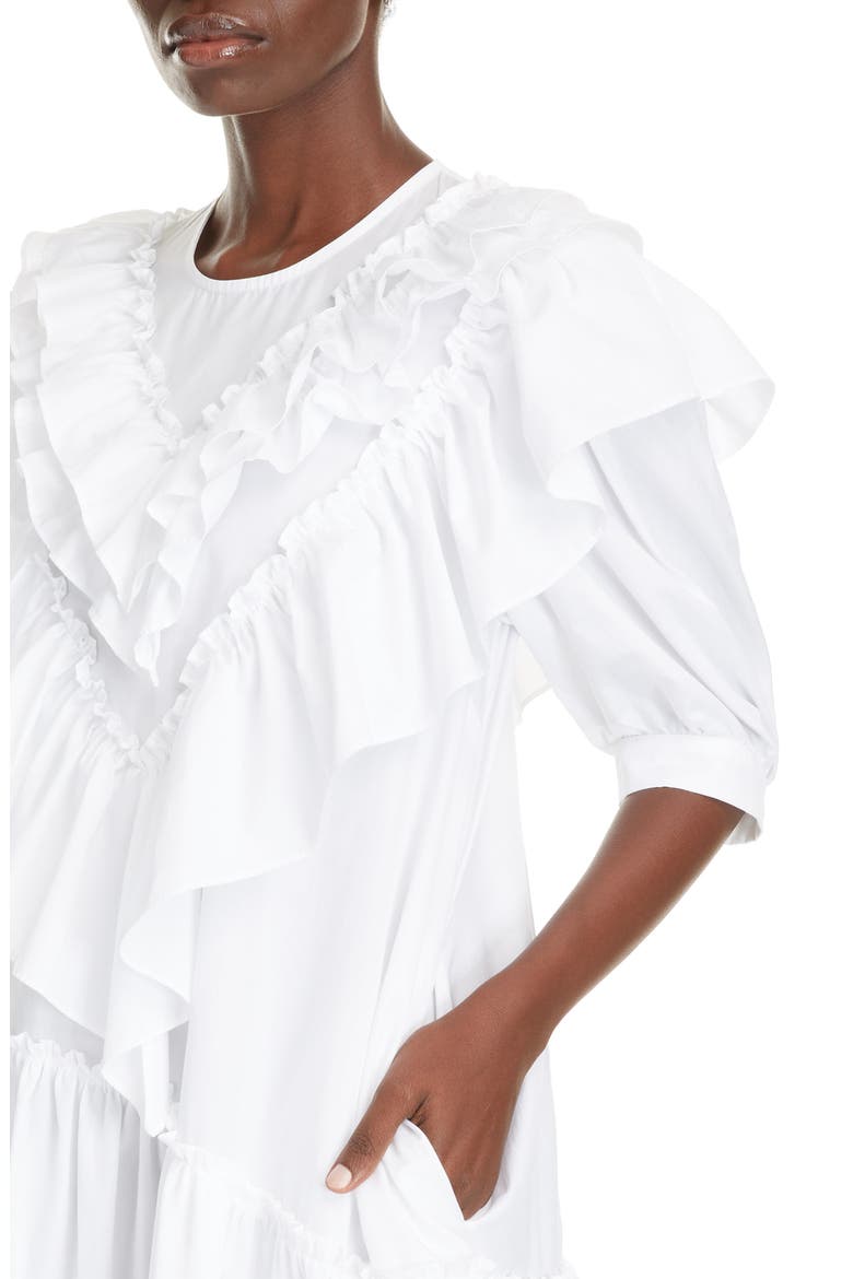 Asymmetrical Ruffle Cotton Poplin Midi Dress, Alternate, color, WHITE