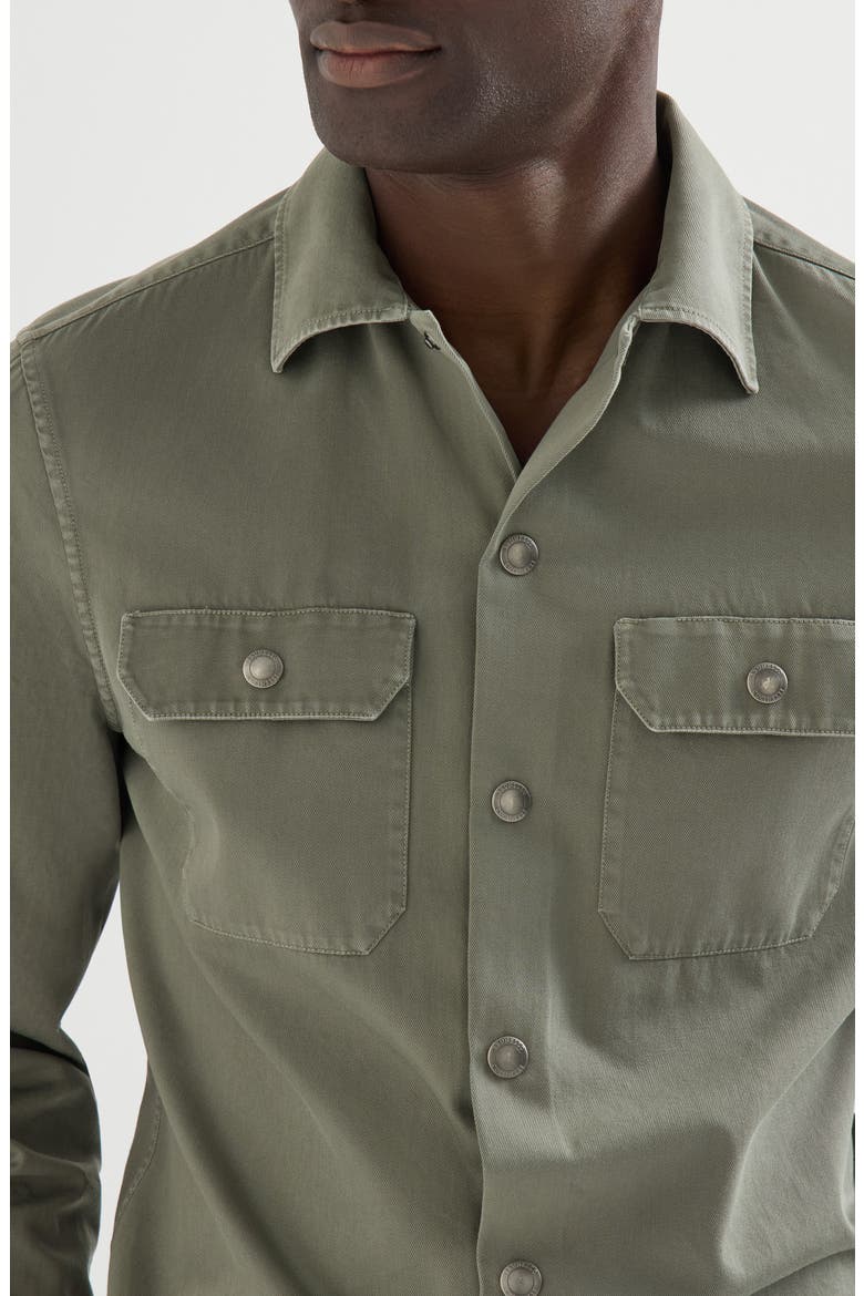 Garment-dyed overshirt in cotton gabardine with spread collar and chest pockets, Alternate, color, Military