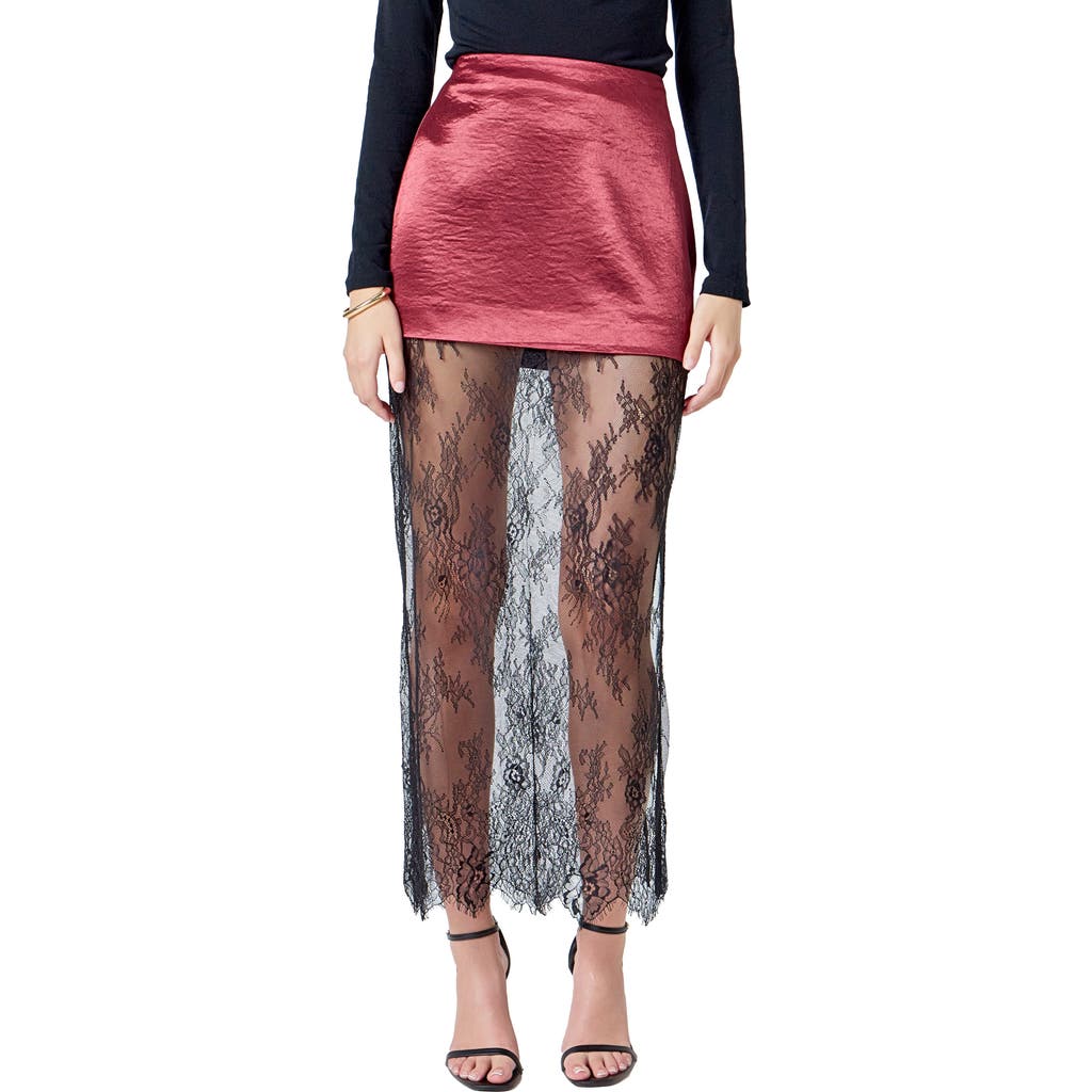 Endless Rose Satin & Lace Maxi Skirt In Red