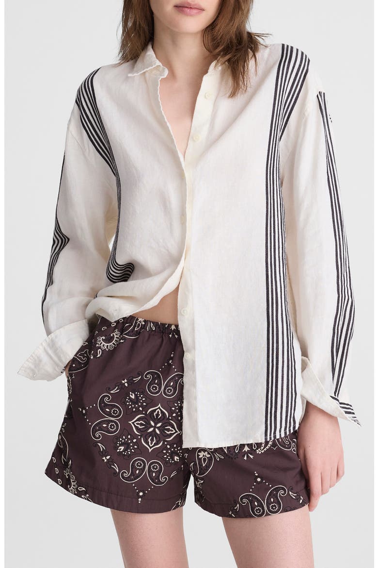 Vertical Stripe Linen Blend Button-Up Shirt, Main, color, BOLD PLACEMENT STRIPE BLACK