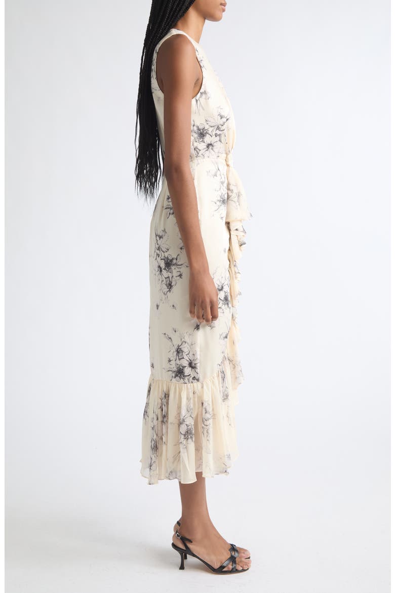 Cyrus Floral Ruffle Midi Dress, Alternate, color, GARDENIA/BLACK