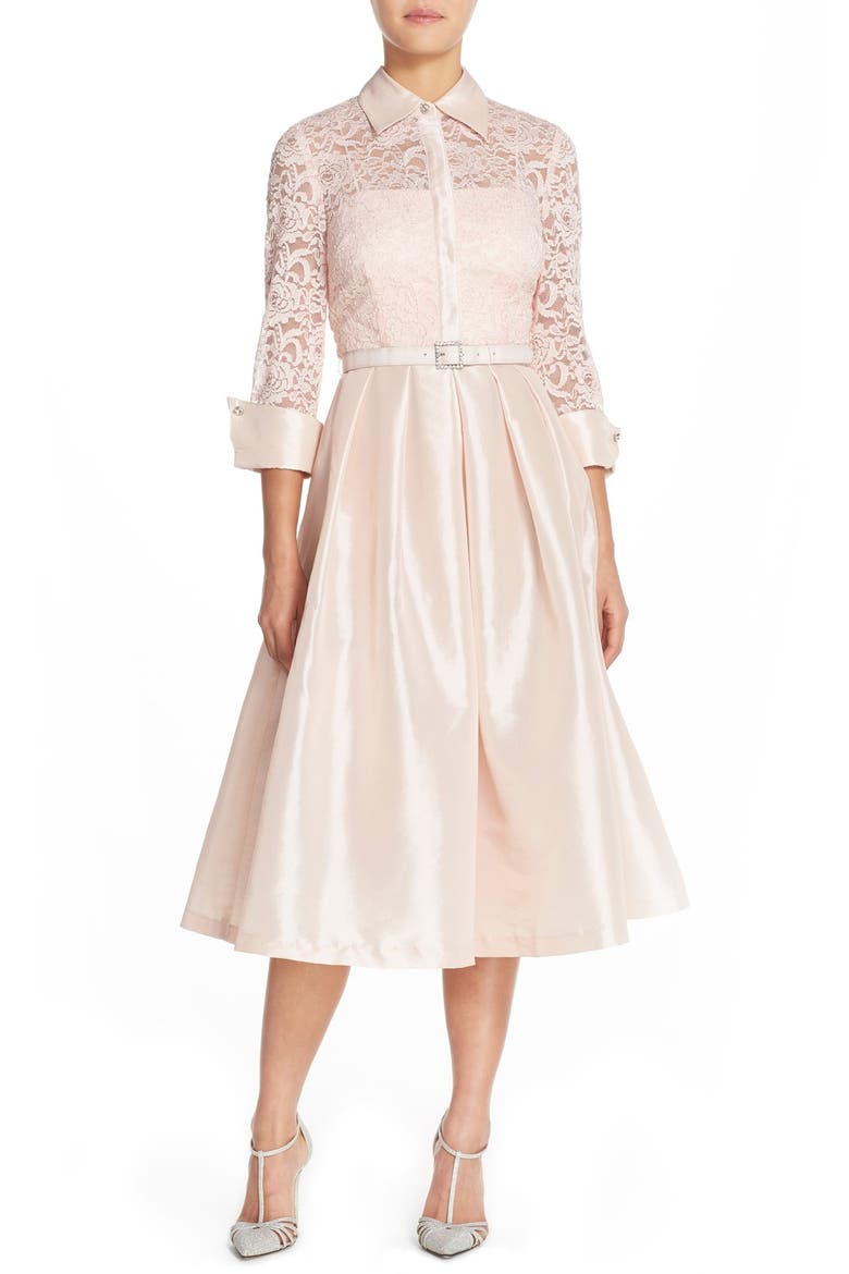 Belted Lace & Taffeta Point Collar Midi Dress, Main, color, BLUSH
