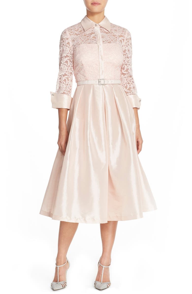 Eliza J Belted Lace & Taffeta Point Collar Midi Dress, Main, color,