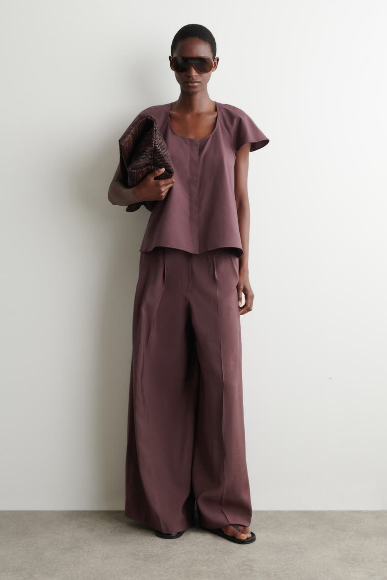 Fluted-sleeve Cotton Blouse, Alternate, color, DARK RED