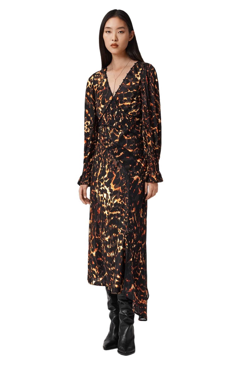 Dannie Print Long Sleeve Midi Dress, Alternate, color, PARDUS FLAME BROWN