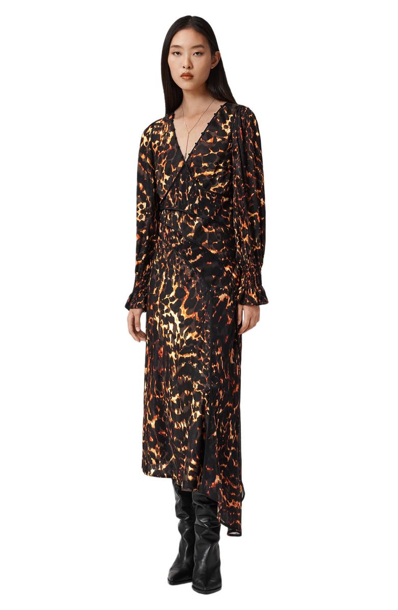 AllSaints Dannie Print Long Sleeve Midi Dress, Alternate, color, Pardus Flame Brown