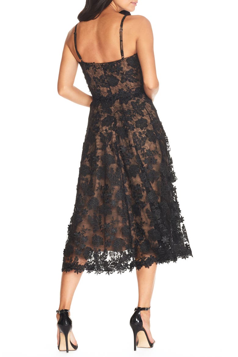 Tahani Floral Embroidered Fit & Flare Midi Dress, Alternate, color, BLACK/NUDE