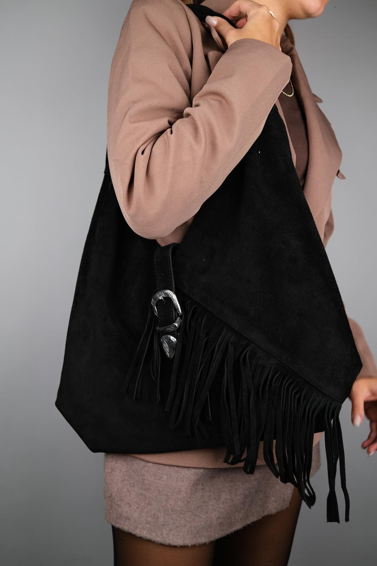 Forever & Always Shoes Rosalin Leather Tassel Shoulder Bag, Alternate, color, Black Suede