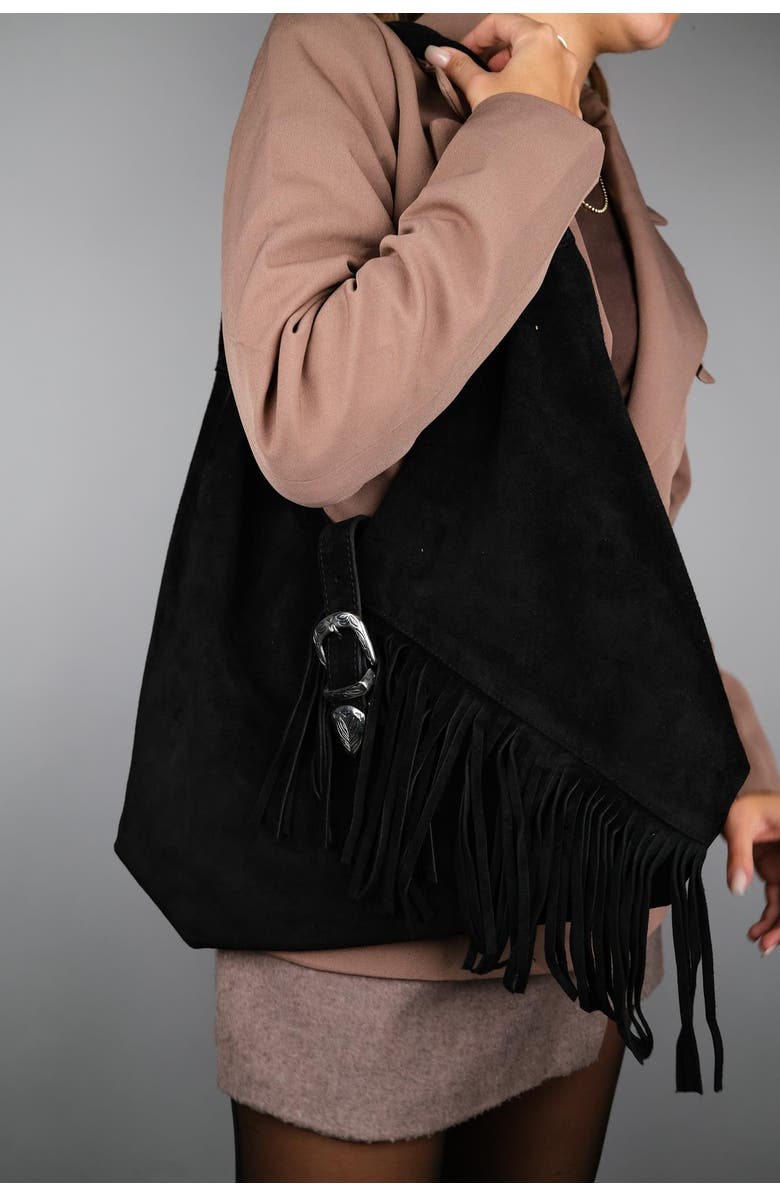 Forever & Always Shoes Rosalin Leather Tassel Shoulder Bag, Alternate, color, Black Suede