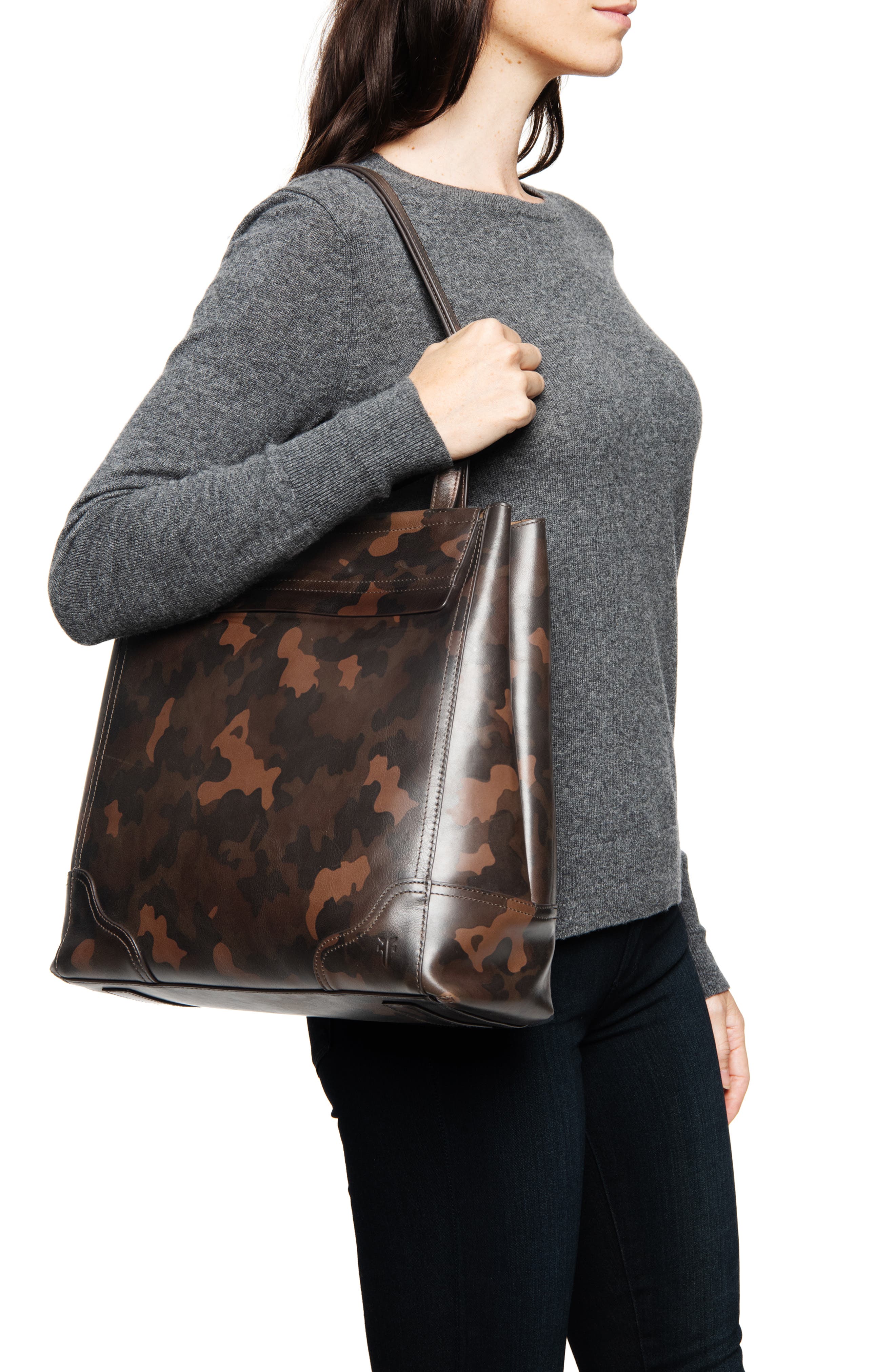Charlie Simple Leather Tote, Alternate, color, BROWN CAMO