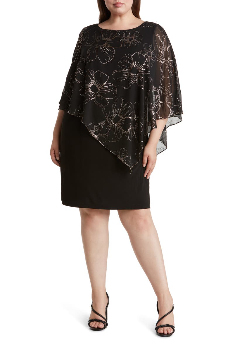 SL FASHIONS Floral Asymmetric Popover Shift Dress, Main, color,