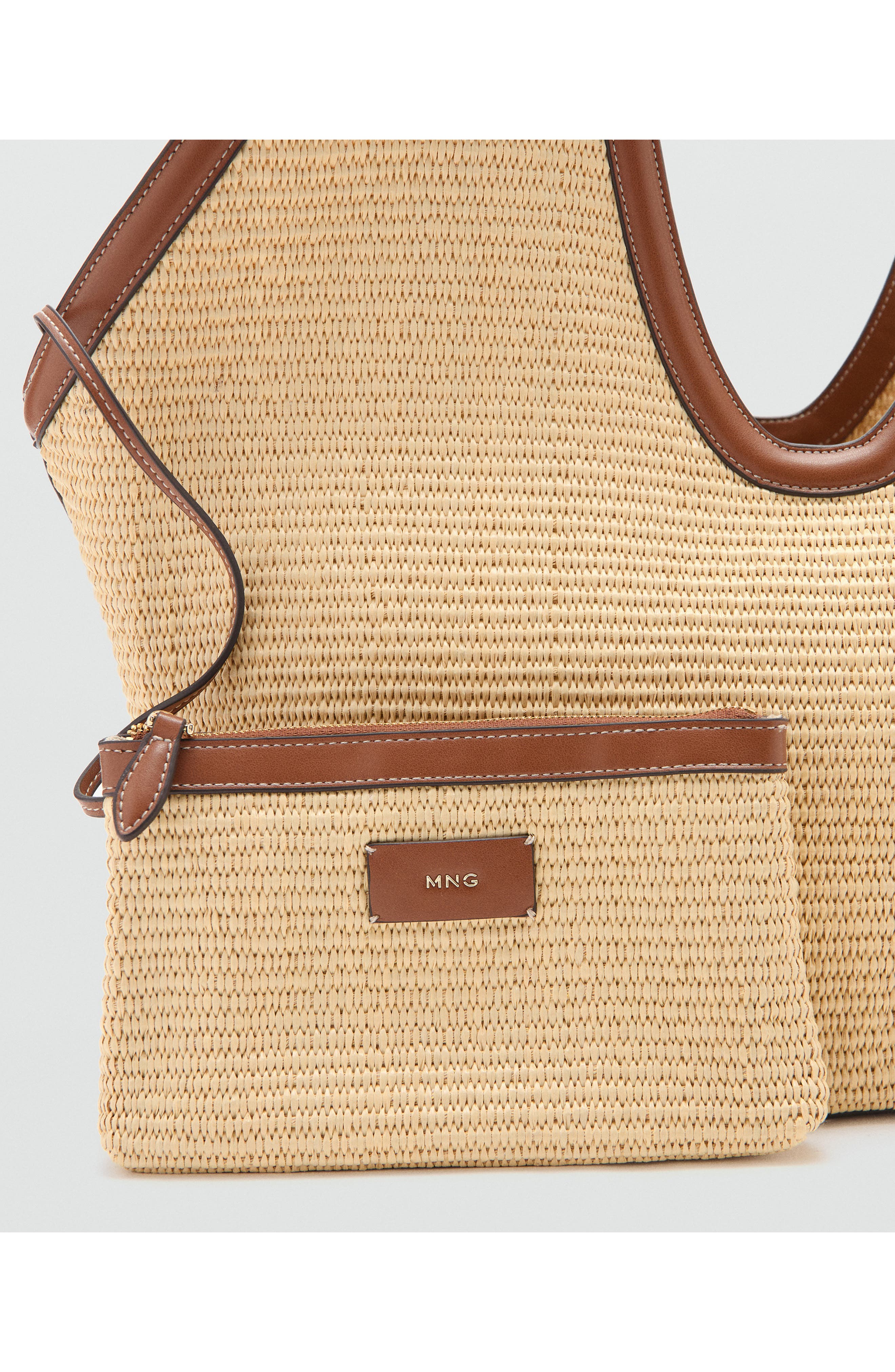 Faux Leather Trim Woven Shopper Bag, Alternate, color, LEATHER