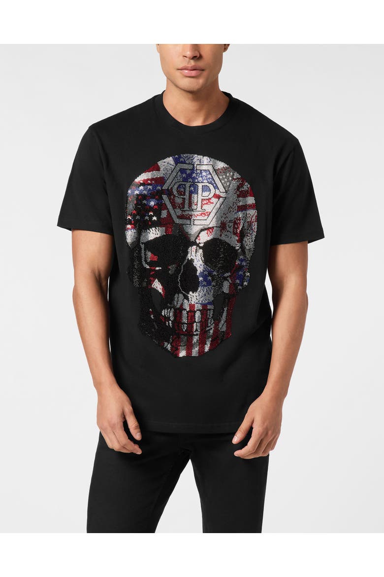 Round Neck T-Shirt Skull America Men, Main, color, black
