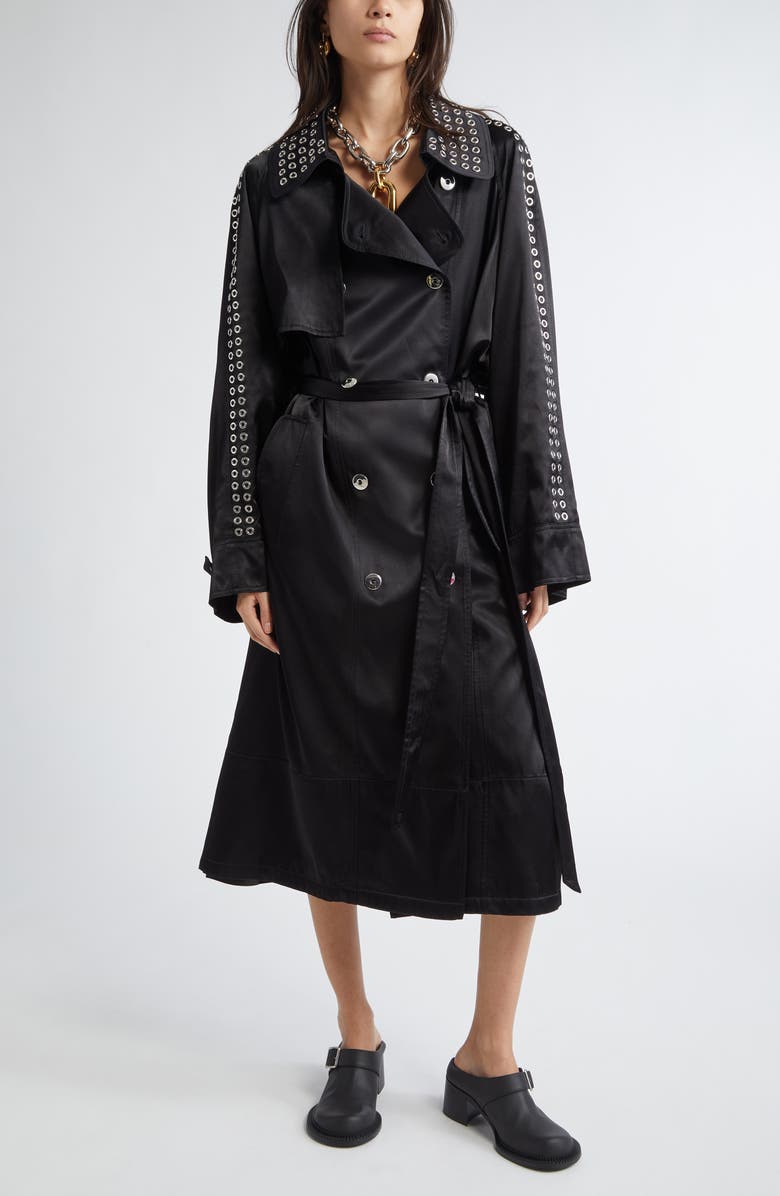 Rabanne Grommet Studded Oversize Satin Trench Coat, Main, color, 