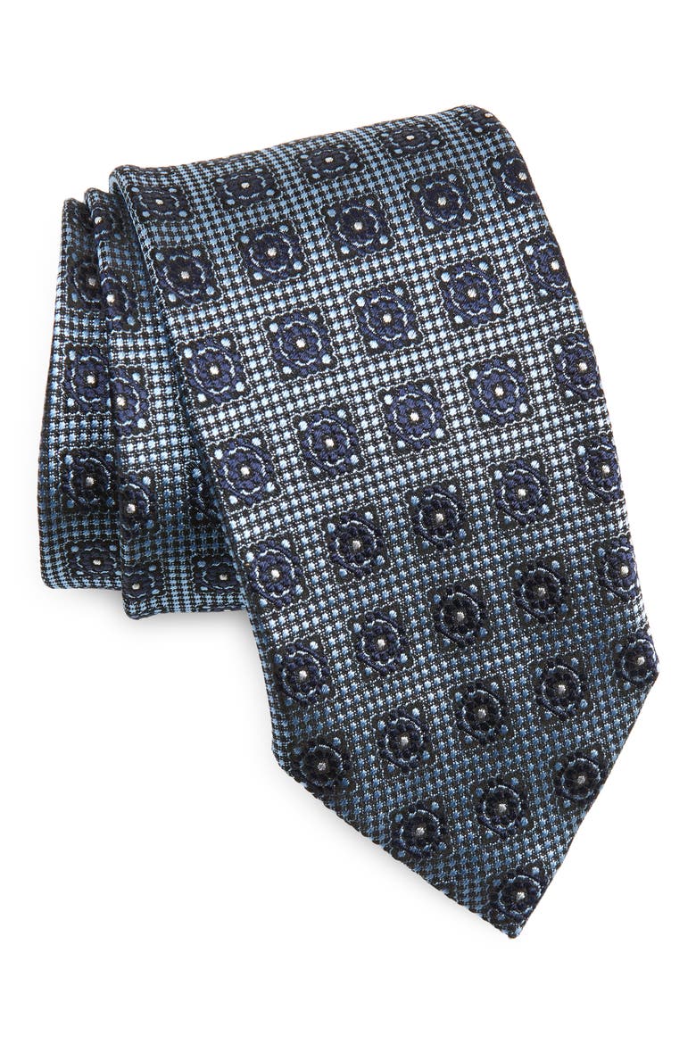 Floral Medallion Silk Tie, Main, color, MD BLUE FAN
