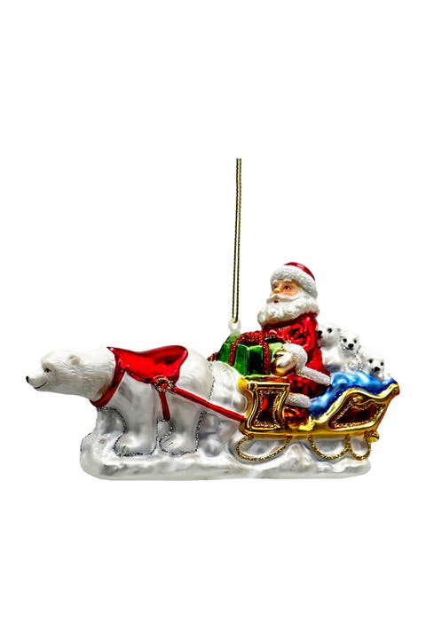 Polar Bear Santa Sleigh Glass Ornament