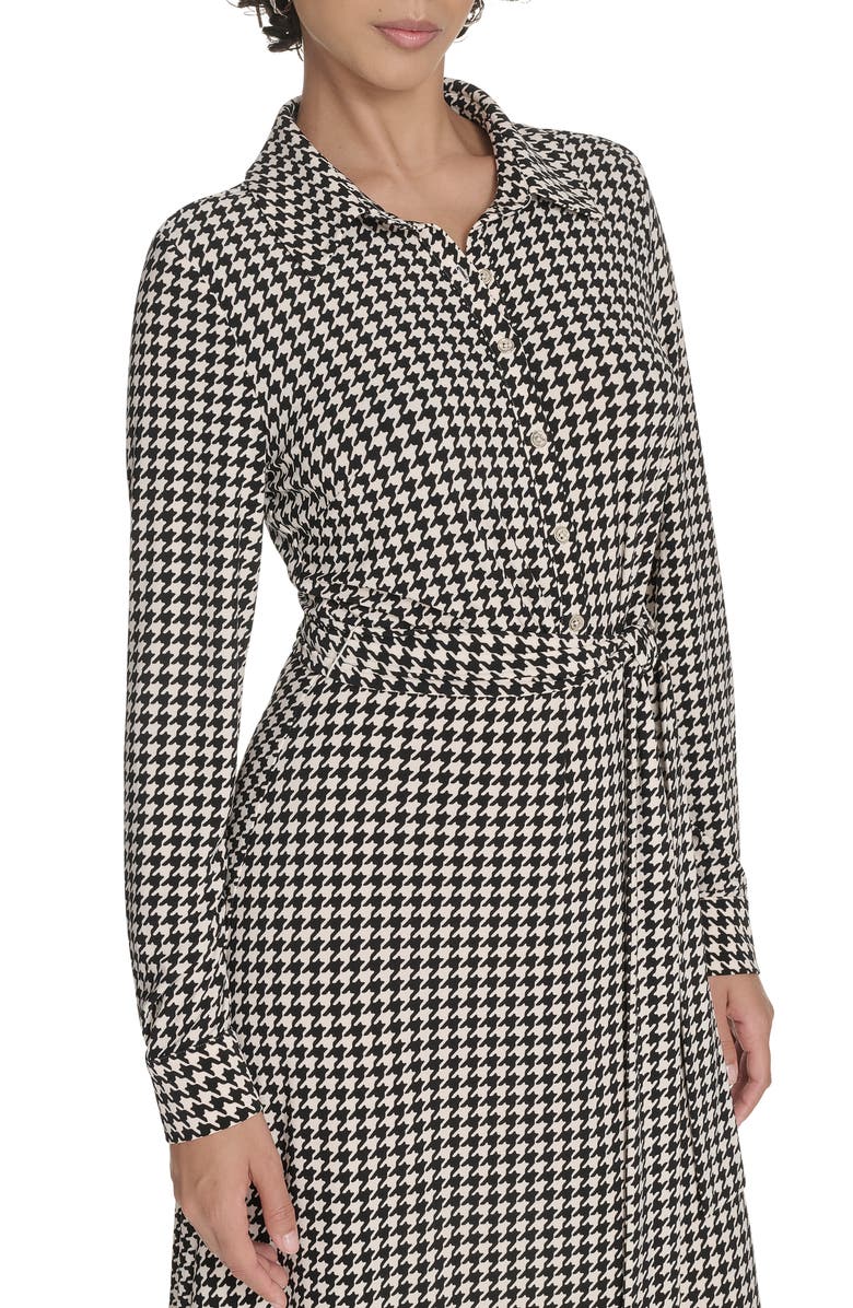 Tommy Hilfiger Houndstooth Long Sleeve Tie Waist Shirtdress, Alternate, color, Whitecap/ Black