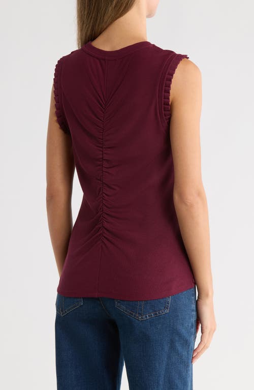 Democracy Ruched Rib Mixed Media Knit Top In Burgundy