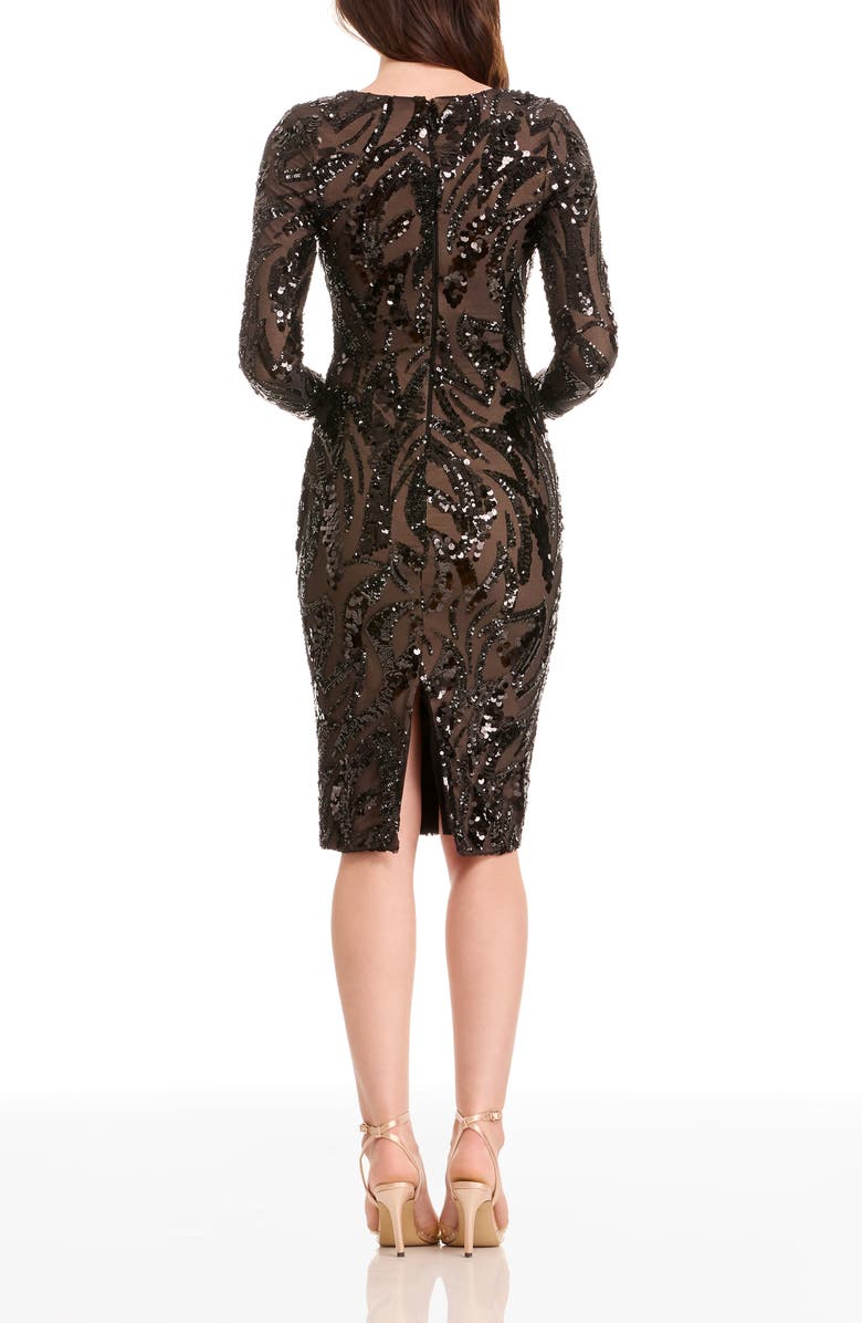 Dress the Population Emmalyn Sequin Detail Long Sleeve Cocktail Midi Dress, Alternate, color, Black/ Beige