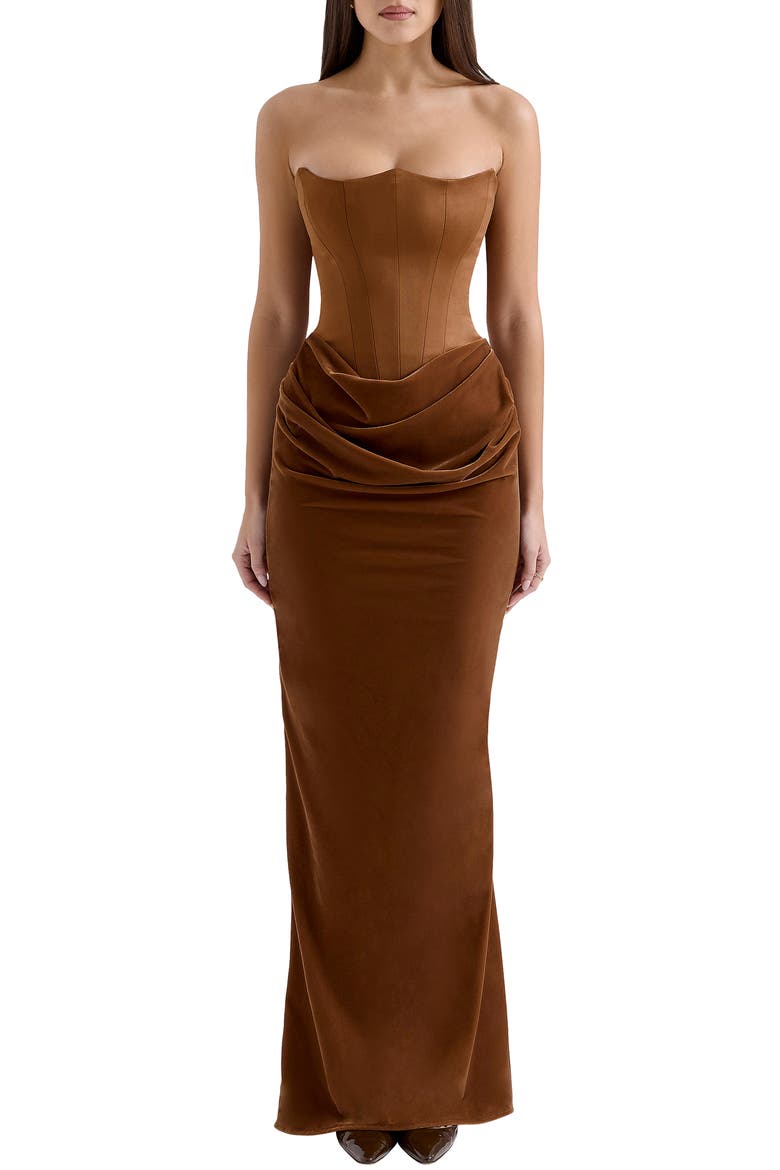 Persephone Strapless Corset Satin & Velvet Gown, Main, color, TOFFEE