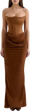 HOUSE OF CB Persephone Strapless Corset Satin & Velvet Gown