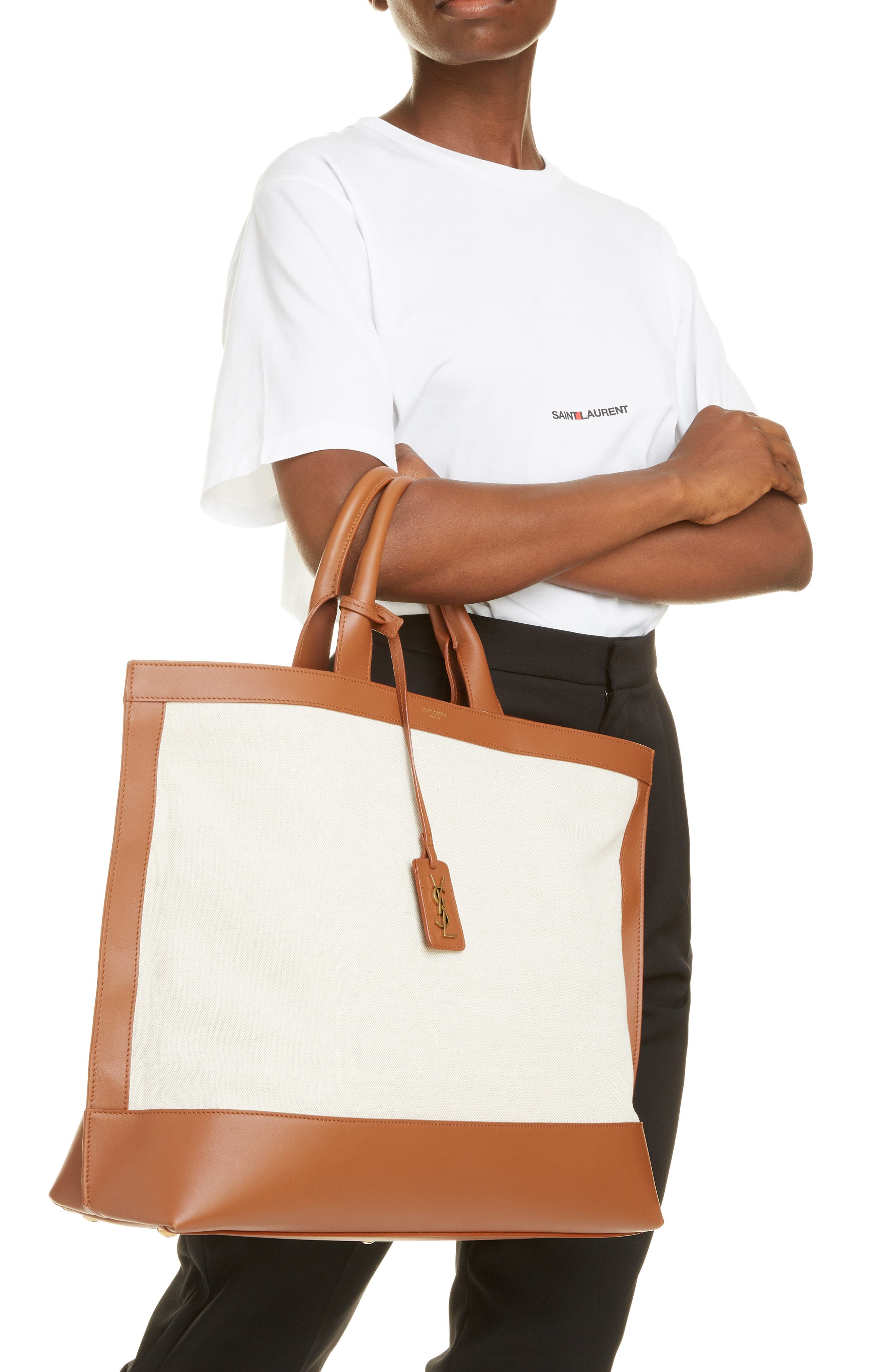 Saint Laurent Tag Canvas & Leather Tote, Alternate, color, 