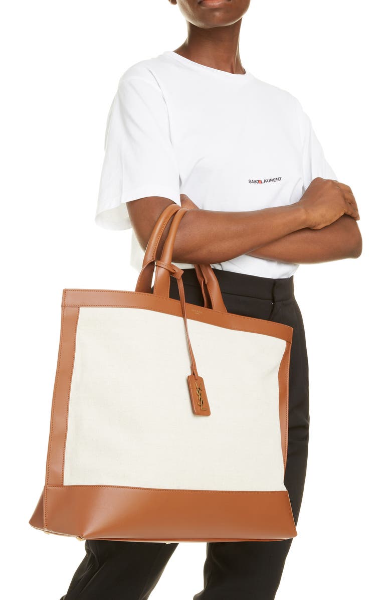 Saint Laurent Tag Canvas & Leather Tote, Alternate, color,