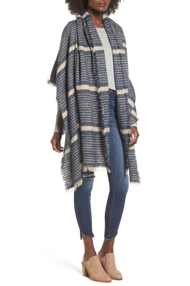 Stripe Blanket Scarf, Main, color, NAVY COMBO