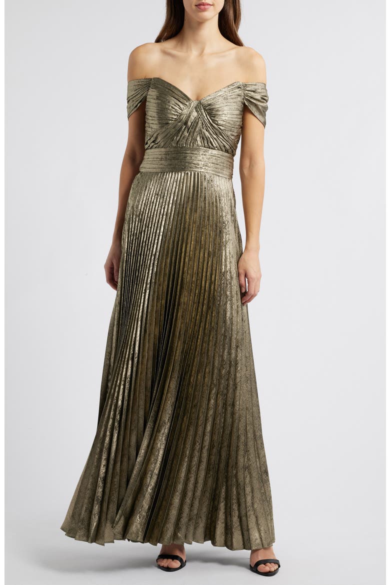 tahari off the shoulder dress Metallic Off the Shoulder Pleated Gown (Women)