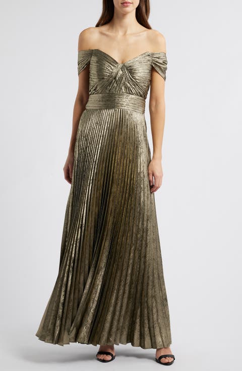 Metallic Off the Shoulder Pleated Gown
